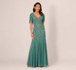 Beaded Mermaid Gown With Sheer Petal Sleeves In Green Slate 2