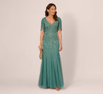 Beaded Mermaid Gown With Sheer Petal Sleeves In Green Slate 1