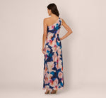 Floral Print Chiffon Gown With One Shoulder Neckline In Navy Blush 5