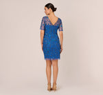 3D Floral Beaded Dress With Sheer Short Sleeves In Blue Horizon 5