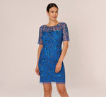 3D Floral Beaded Dress With Sheer Short Sleeves In Blue Horizon 2