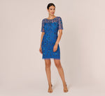 3D Floral Beaded Dress With Sheer Short Sleeves In Blue Horizon 7