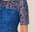 3D Floral Beaded Dress With Sheer Short Sleeves In Blue Horizon 4