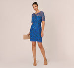 3D Floral Beaded Dress With Sheer Short Sleeves In Blue Horizon 1