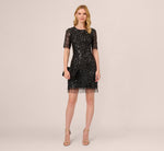 Beaded Fringe Dress With Sheer Short Sleeves In Black 2