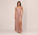 Crinkle Metallic Gown With Asymmetrical Neckline In Petal Gold 3