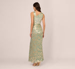 Foil Printed Asymmetric Gown With Ruffled Detail In Sage Gold 6