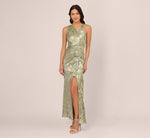 Foil Printed Asymmetric Gown With Ruffled Detail In Sage Gold 3