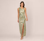 Foil Printed Asymmetric Gown With Ruffled Detail In Sage Gold 2