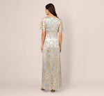 Foil Leaf Short Sleeve Gown With Draped Details In Light Blue Gold (Copy) 5