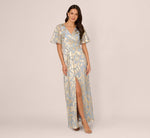 Foil Leaf Short Sleeve Gown With Draped Details In Light Blue Gold (Copy) 2