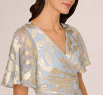 Foil Leaf Short Sleeve Gown With Draped Details In Light Blue Gold (Copy) 3