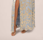 Foil Leaf Short Sleeve Gown With Draped Details In Light Blue Gold (Copy) 4