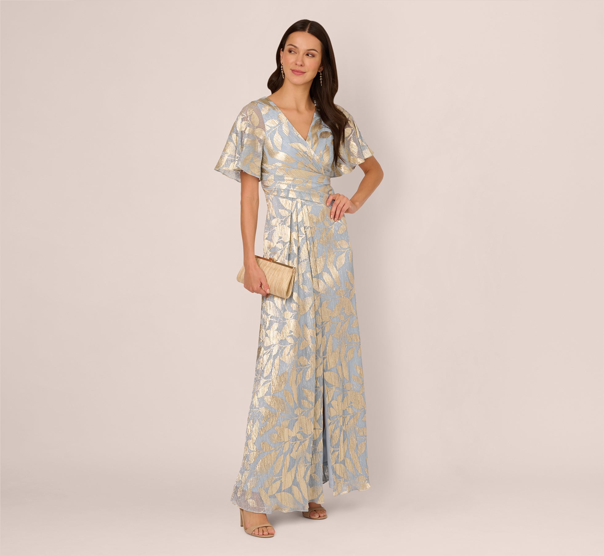 Foil Leaf Short Sleeve Gown With Draped Details In Light Blue Gold (Copy) 1