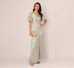 Foil Leaf Short Sleeve Gown With Draped Details In Light Blue Gold (Copy) 1