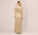 Foil Leaf Short Sleeve Gown With Draped Details In Champagne Gold 6