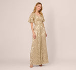 Foil Leaf Short Sleeve Gown With Draped Details In Champagne Gold 3