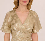 Foil Leaf Short Sleeve Gown With Draped Details In Champagne Gold 4