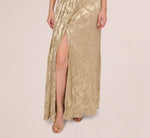 Foil Leaf Short Sleeve Gown With Draped Details In Champagne Gold 5
