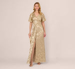 Foil Leaf Short Sleeve Gown With Draped Details In Champagne Gold 2
