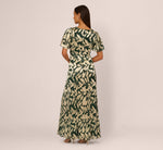 Foil Leaf Short Sleeve Gown With Draped Details In Light Blue Gold 5