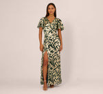 Foil Leaf Short Sleeve Gown With Draped Details In Light Blue Gold 2