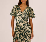 Foil Leaf Short Sleeve Gown With Draped Details In Light Blue Gold 3