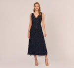 Floral Beaded Ankle Length Sleeveless Gown In Navy 2