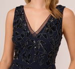 Floral Beaded Ankle Length Sleeveless Gown In Navy 3