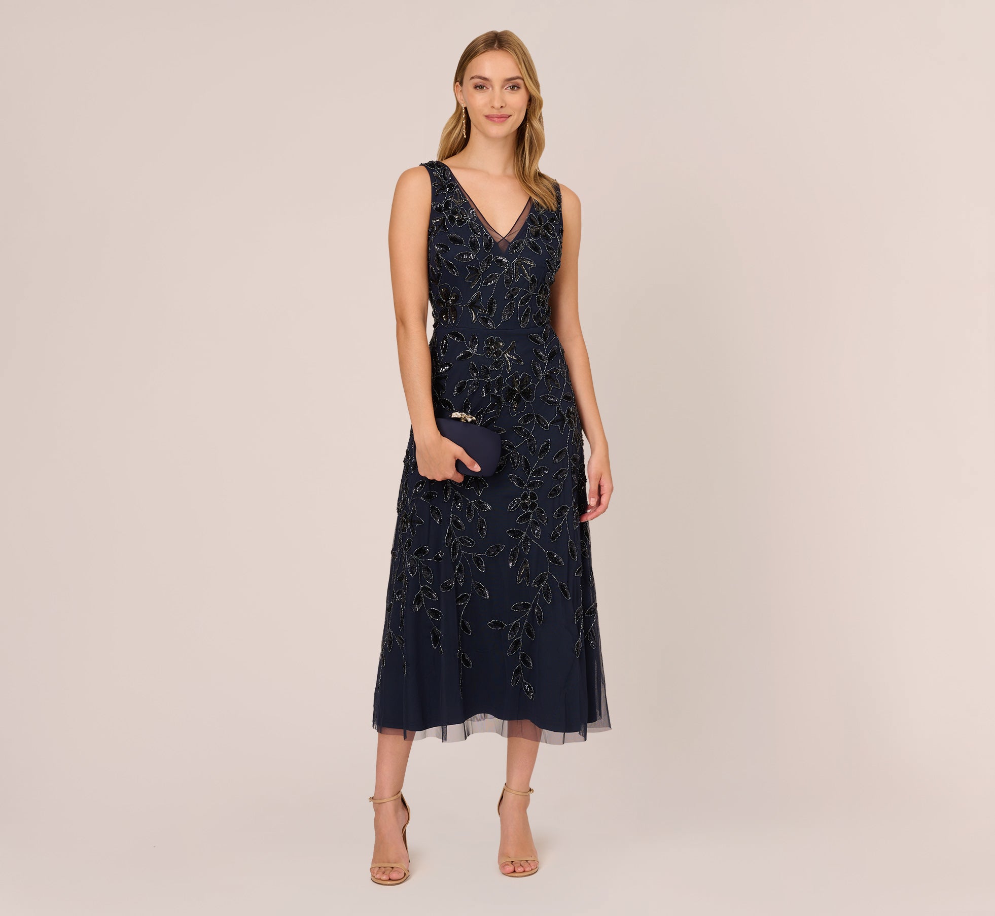 Floral Beaded Ankle Length Sleeveless Gown In Navy 1