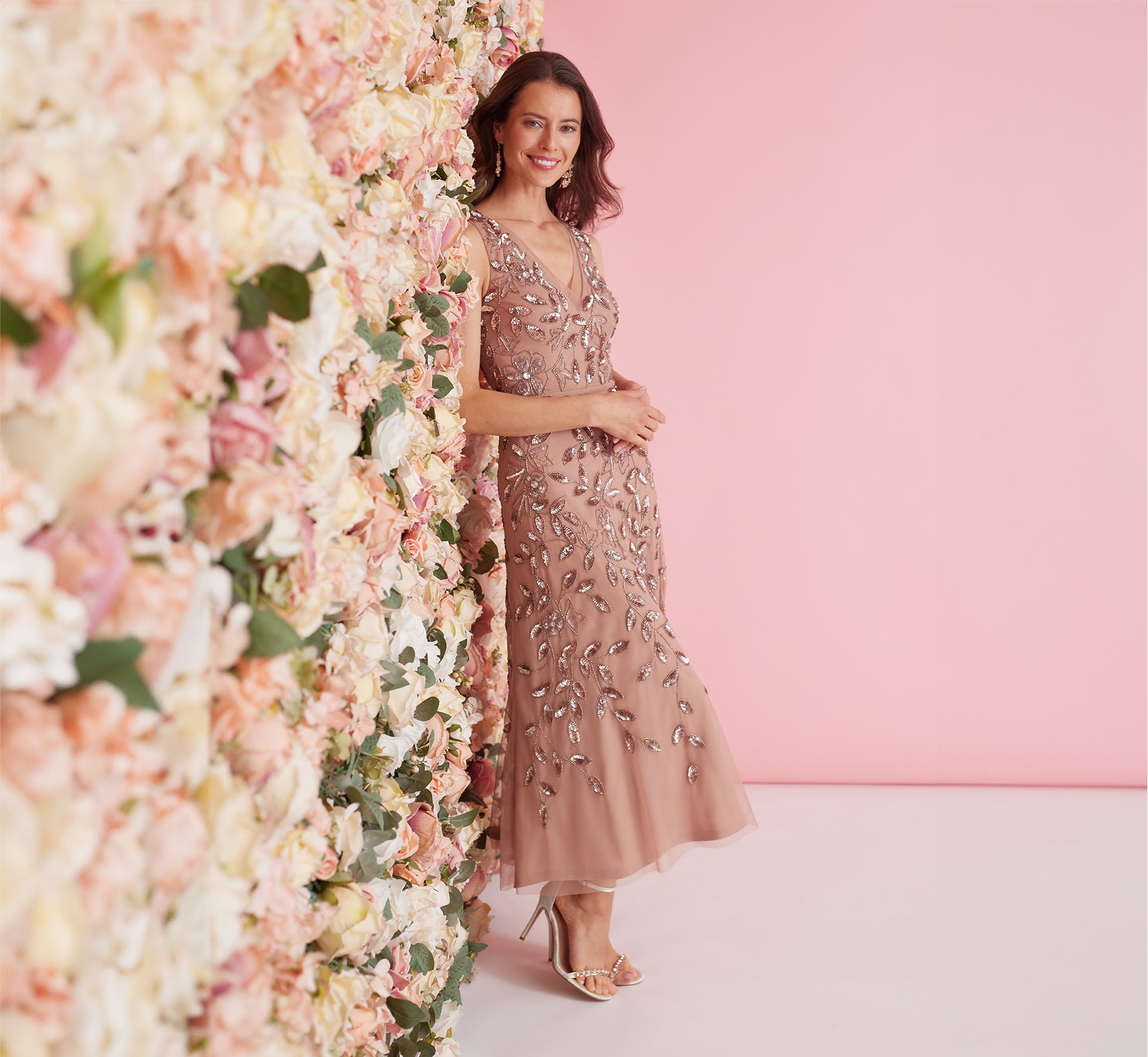 Floral Beaded Ankle Length Sleeveless Gown In Rose Gold 1