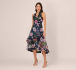 Floral Printed High Low Organza Halter Dress In Navy Multi 2