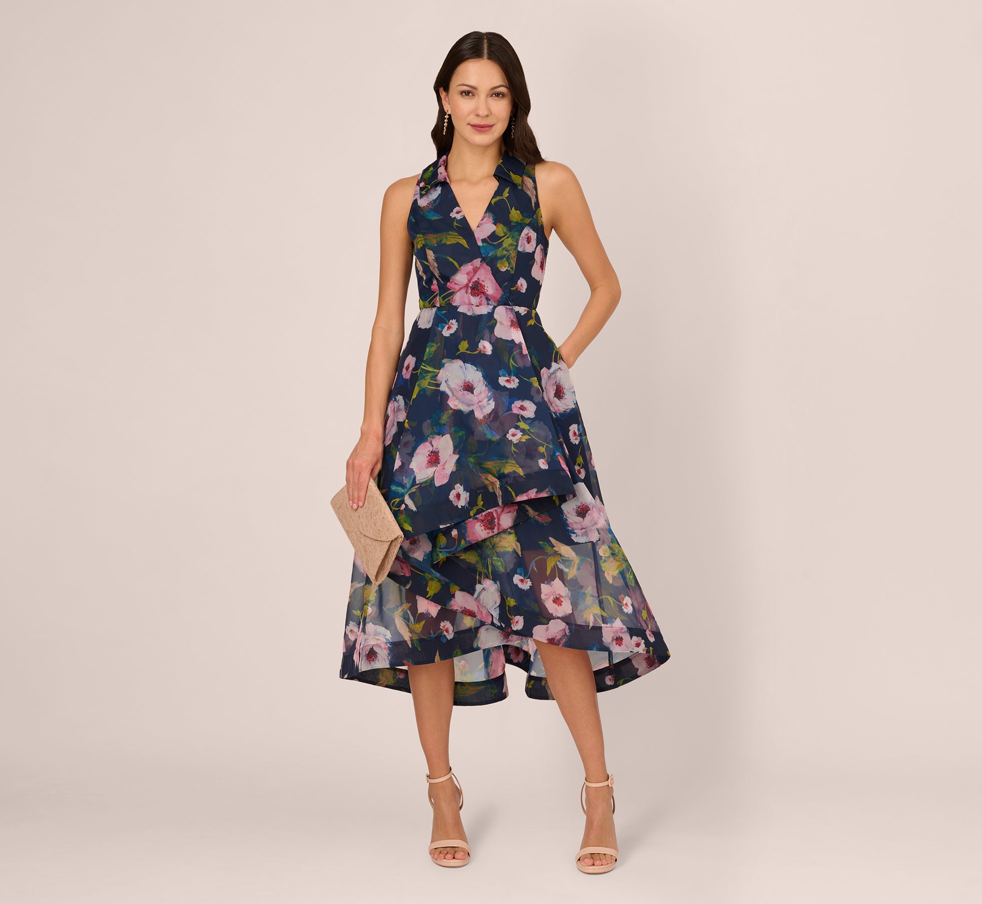 Floral Printed High Low Organza Halter Dress In Navy Multi 1