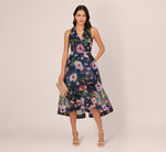 Floral Printed High Low Organza Halter Dress In Navy Multi 1