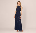 Sleeveless Blouson Mermaid Gown With Jasmine Beading In Light Navy 2