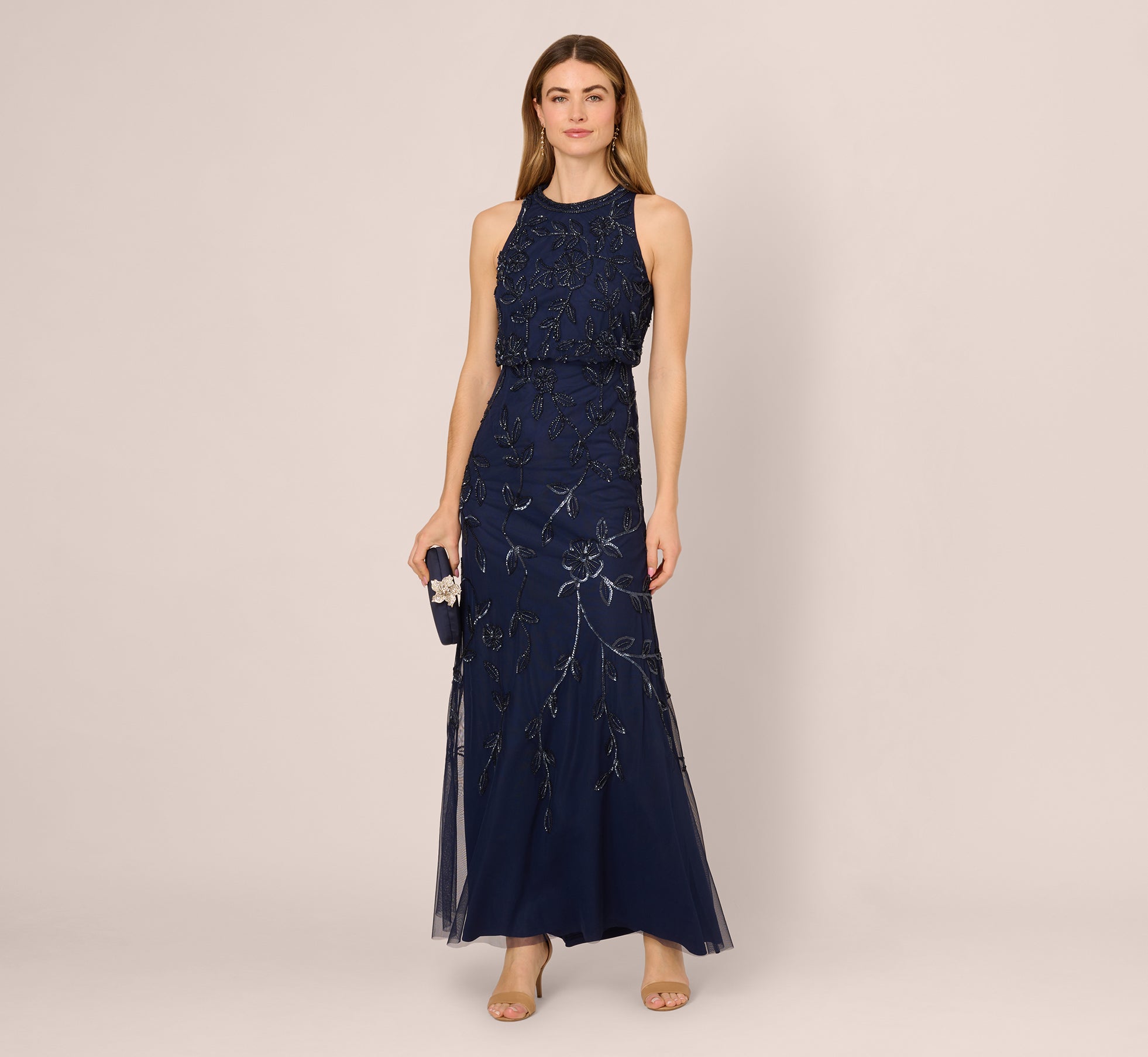 Sleeveless Blouson Mermaid Gown With Jasmine Beading In Light Navy 1