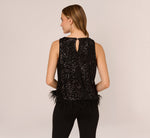 Sequin Sleeveless Top With Feather Trim In Black 5