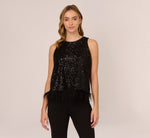 Sequin Sleeveless Top With Feather Trim In Black 2