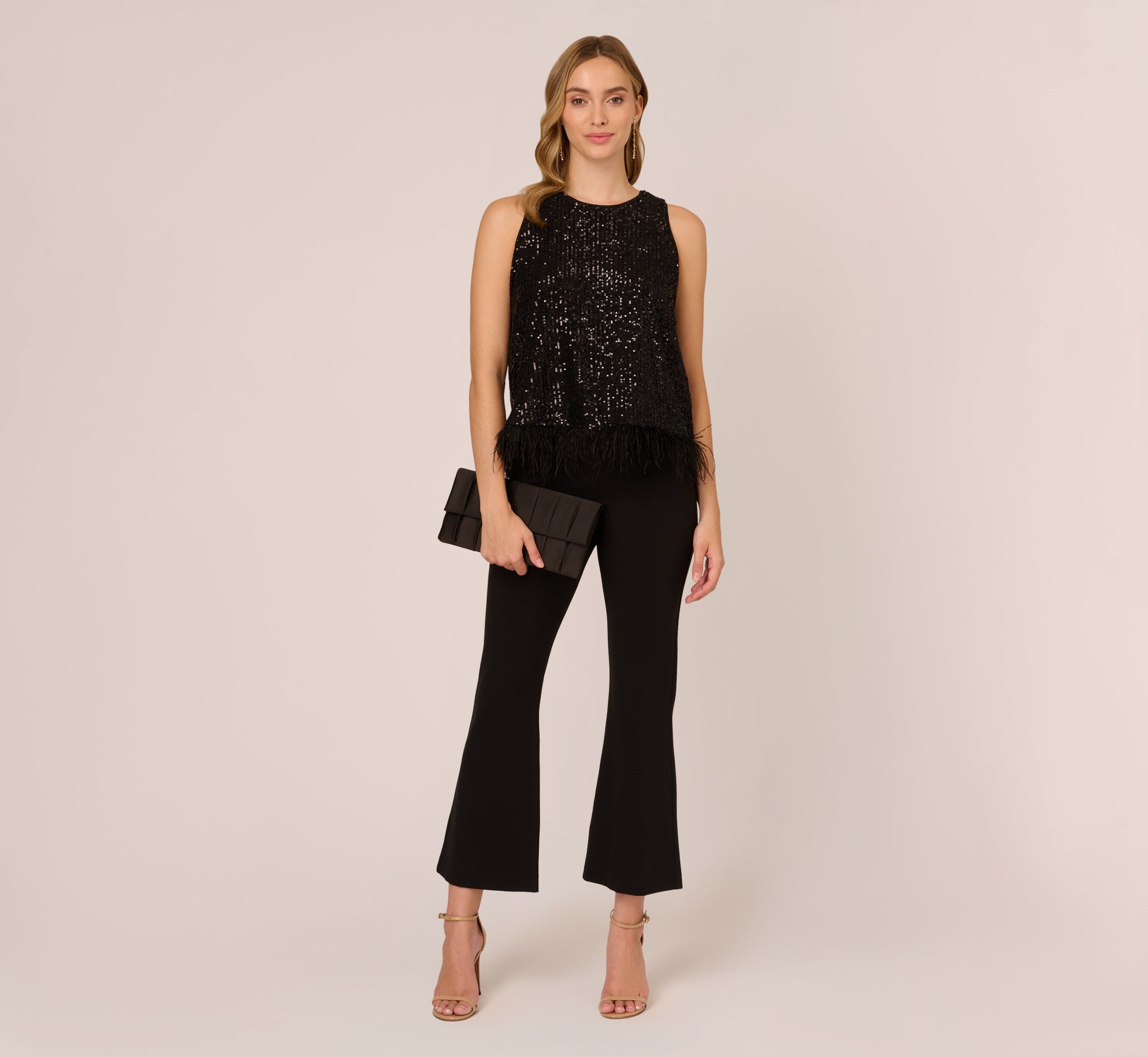 Sequin Sleeveless Top With Feather Trim In Black 1