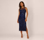Floral Sequin Sleeveless Ankle Length Dress With Sheer Neckline In Light Navy 2