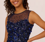 Floral Sequin Sleeveless Ankle Length Dress With Sheer Neckline In Light Navy 3