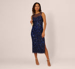 Floral Sequin Sleeveless Ankle Length Dress With Sheer Neckline In Light Navy 1