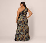 Plus Size One Shoulder Jacquard Dress In Blue Gold 6
