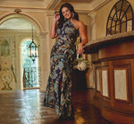 Plus Size One Shoulder Jacquard Dress In Blue Gold 1