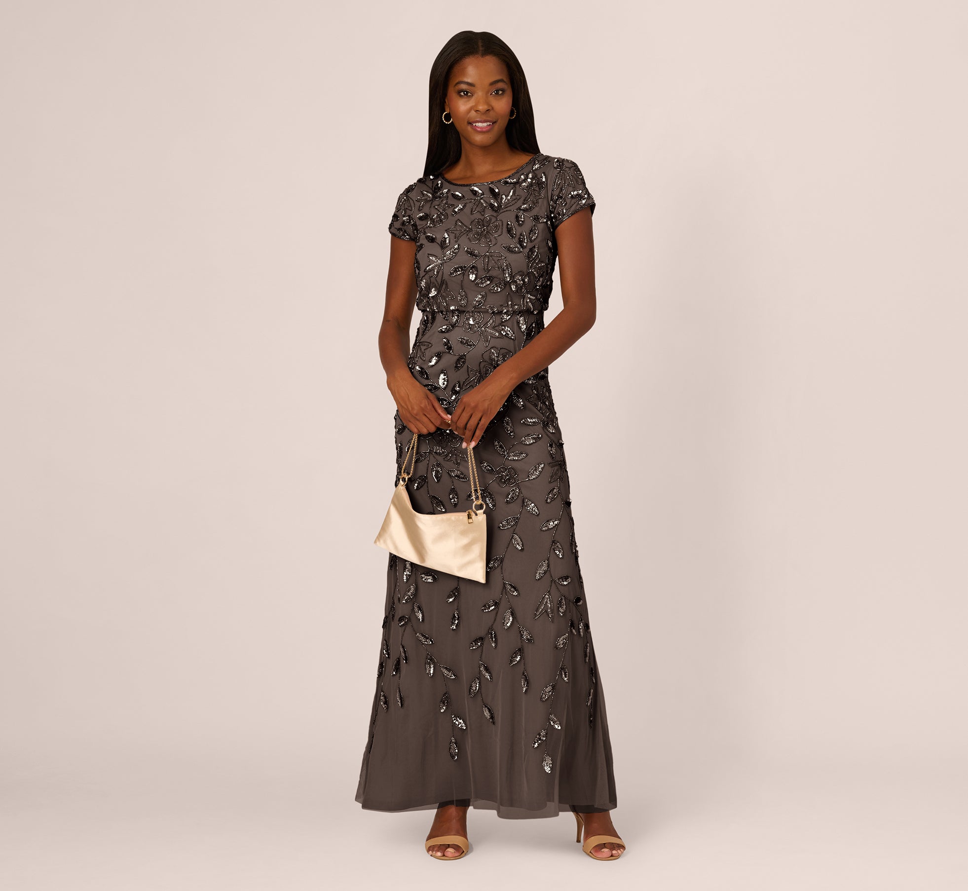 Blouson Short Sleeve Beaded Long Dress In Lead 1