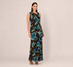 Asymmetrical Draped Floral Chiffon Gown In Black Multi 2