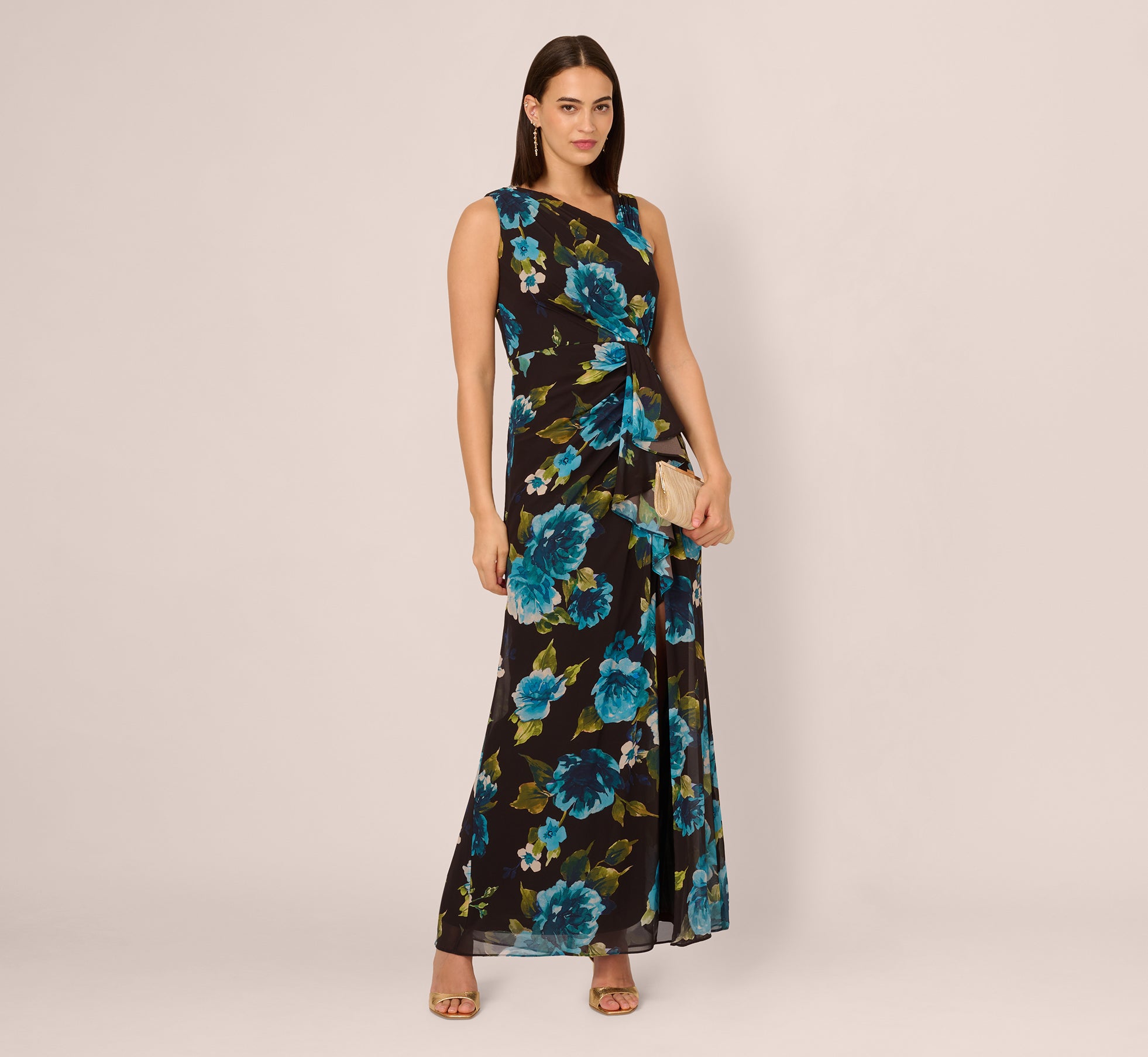 Asymmetrical Draped Floral Chiffon Gown In Black Multi 1