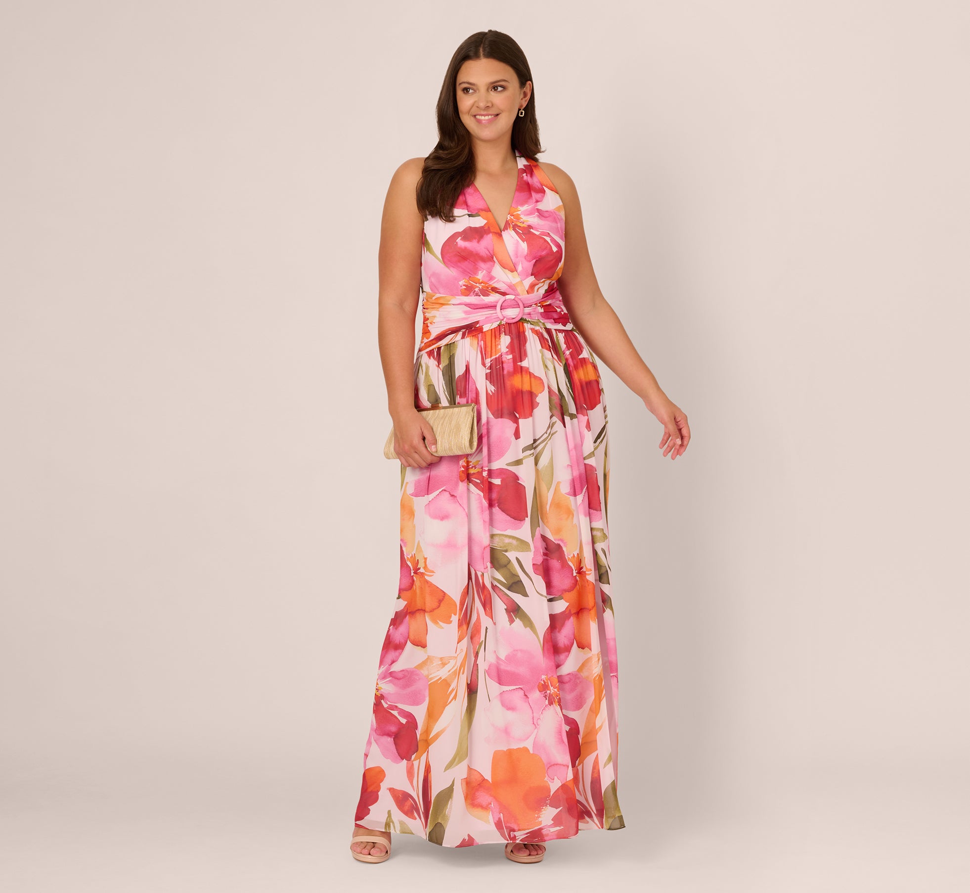 Plus Size Sleeveless Surplice Floral Chiffon Gown In Pink Orange Multi 1