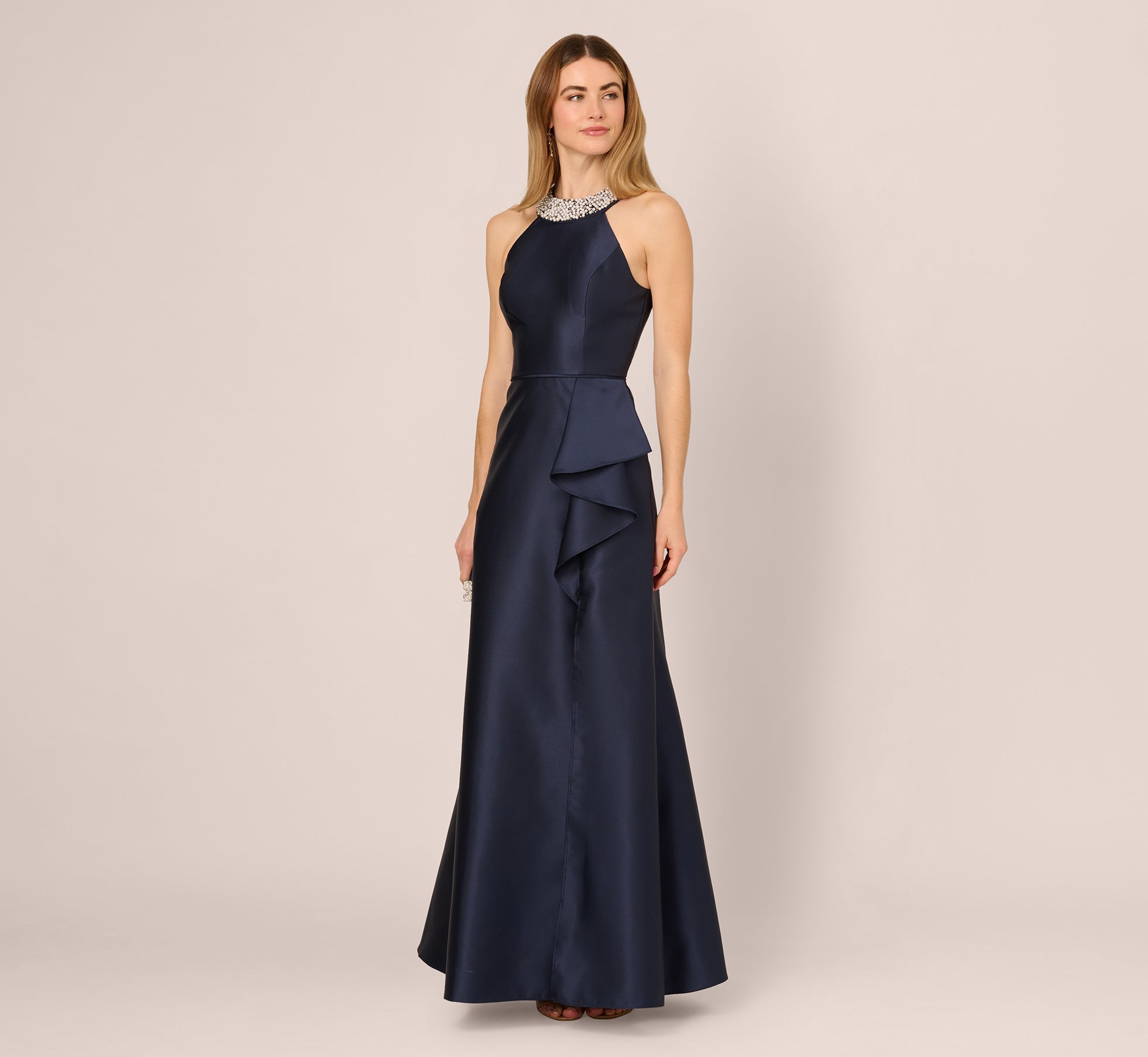 Beaded Halter Draped Mikado Gown In Midnight 1