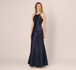 Beaded Halter Draped Mikado Gown In Midnight 1